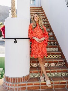 Floral Lace Mini Dress - Vibrant Orange